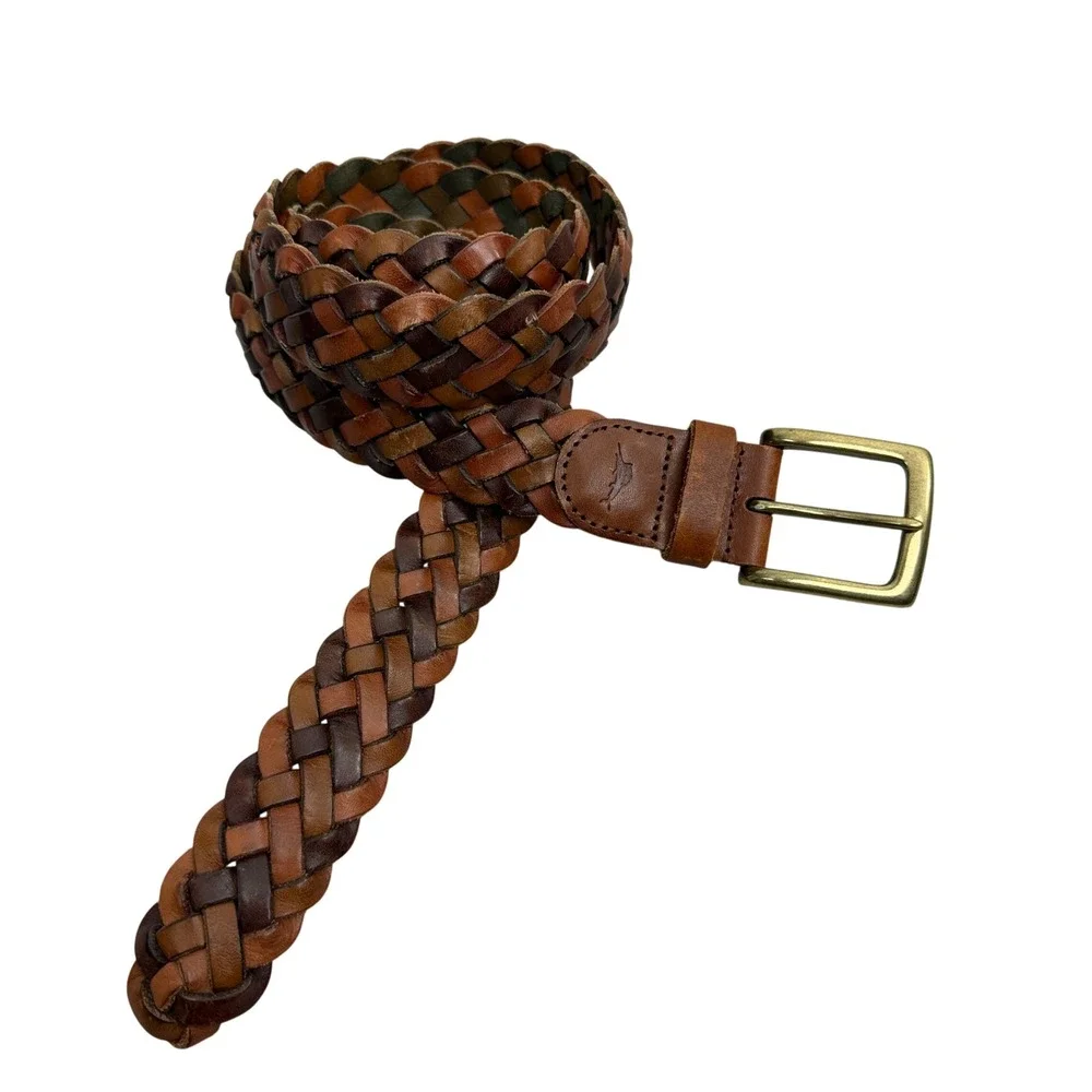 Tommy Bahama Belt Mens XL Brown Braided Leather Adjustable Brass Buckle Casual
